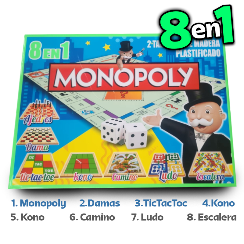 Monopoly Clásico Juego de Mesa 8 en 1 + Damas Ajedrez Ludo etc