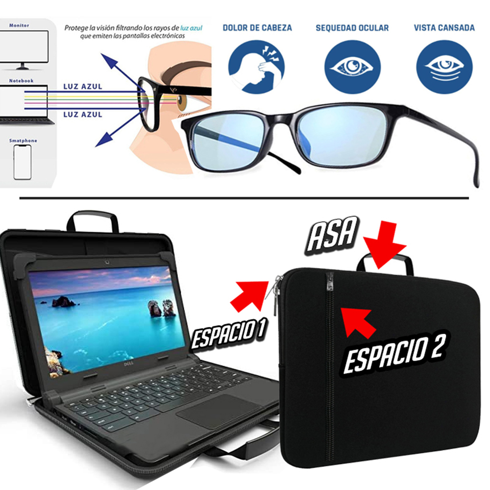 Combo Maletin laptop 15" 15.6 a 16 + lentes computadora con filtro
