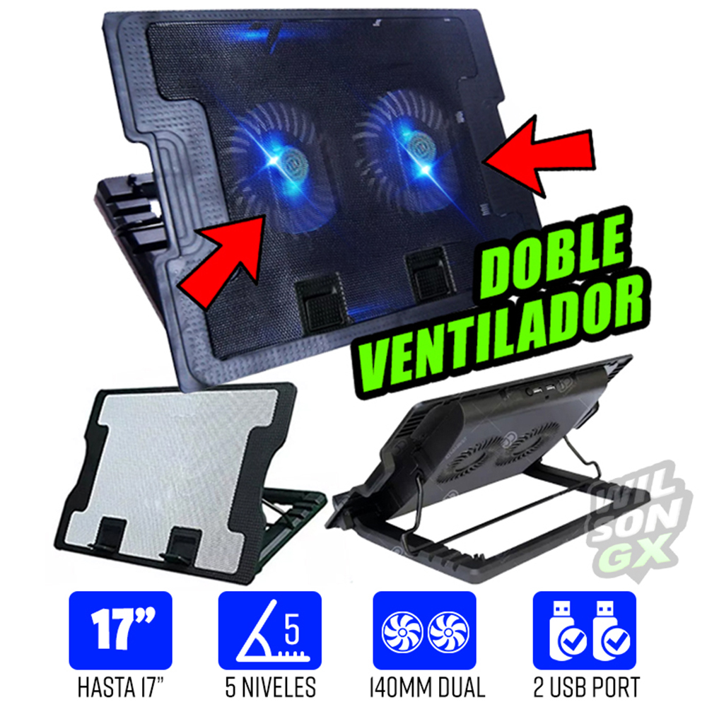 Cooler para laptop de 14 a 17 doble ventilador 2 usb reclinable led