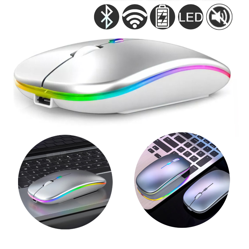 Mouse inalambrico recargable usb, led 8 colores (rgb) Color Plateado