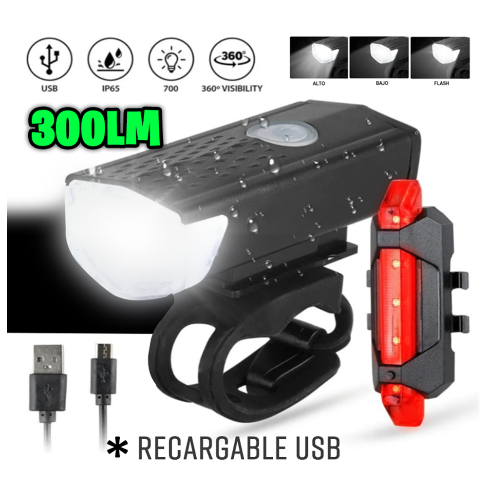 Luz led delantera bicicleta RECARGABLE 300 lm + foco trasero