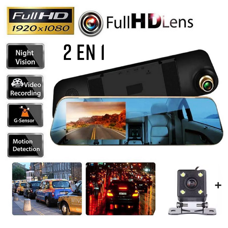 Espejo Retrovisor Con Camara Delantera Trasera Vision Nocturna Auto