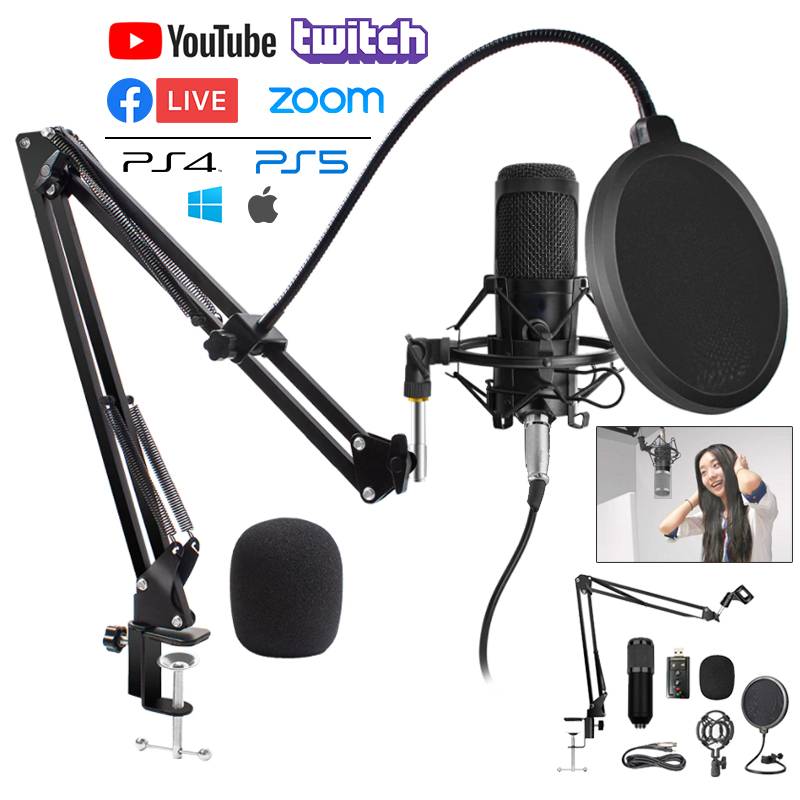 Micrófono condensador usb con brazo soporte anti pop profesional pc