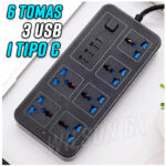 Enchufe Tomacorriente 6 Tomas + 3 Puertos hub USB + 1 Tipo C