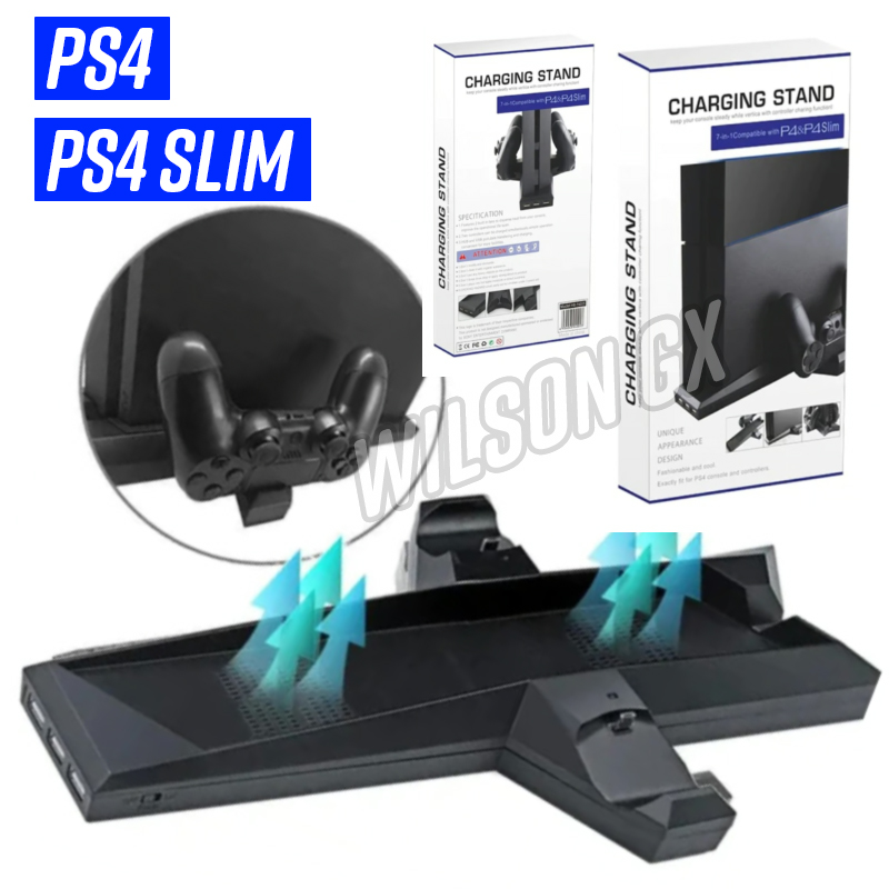 Base Cargador Dual Joystick Soporte Vertical Ps4 Slim Cooler Hub 3 Usb