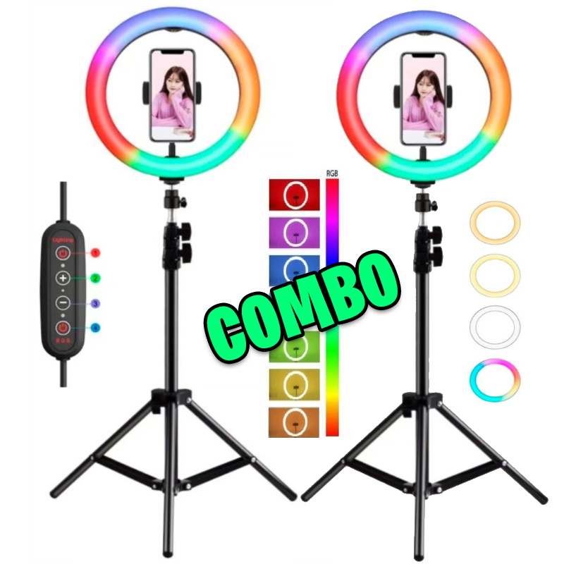 Combo 2 Aros De Luz Rgb Multicolor 30 Cm + Tripode 2.10 m Tiktok
