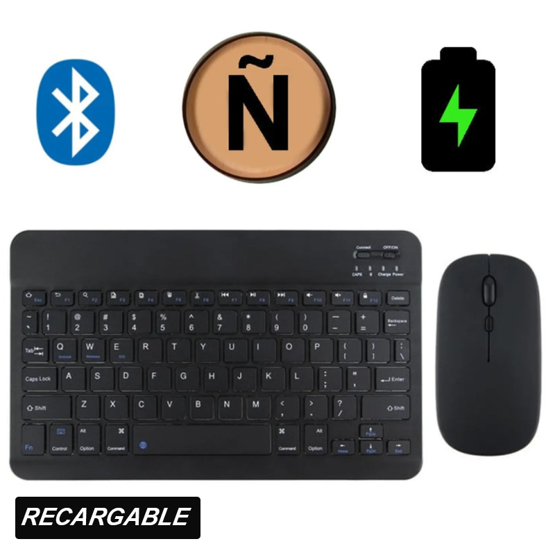 Kit Teclado y Mouse Inalámbrico Recargable Bluetooth Negro Pc Tablet Celular