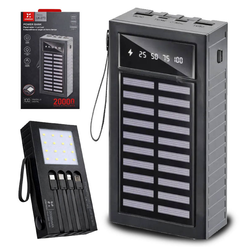 Power Bank Solar 20000 mAh Cargador Portatil Cable Tipo C Lightning Micro USB