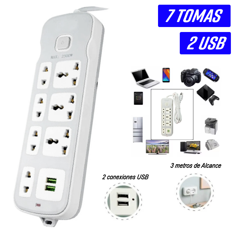 Extension Toma Corriente Carga Rapida 7 Tomas Enchufe 2 USB 3m