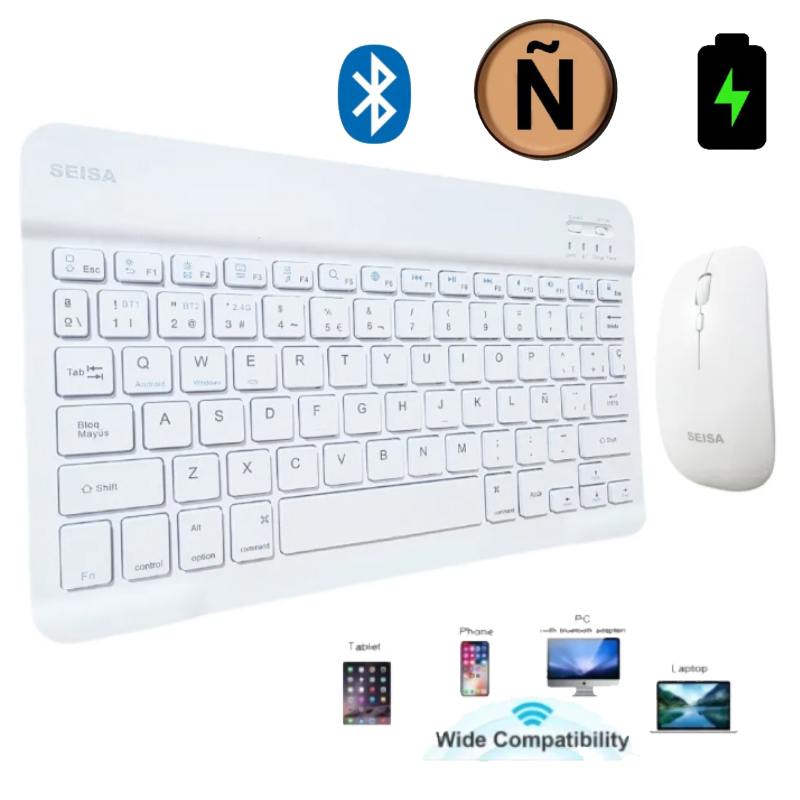 Kit Teclado y Mouse Inalámbrico Recargable Bluetooth Blanco Pc Tablet Celular